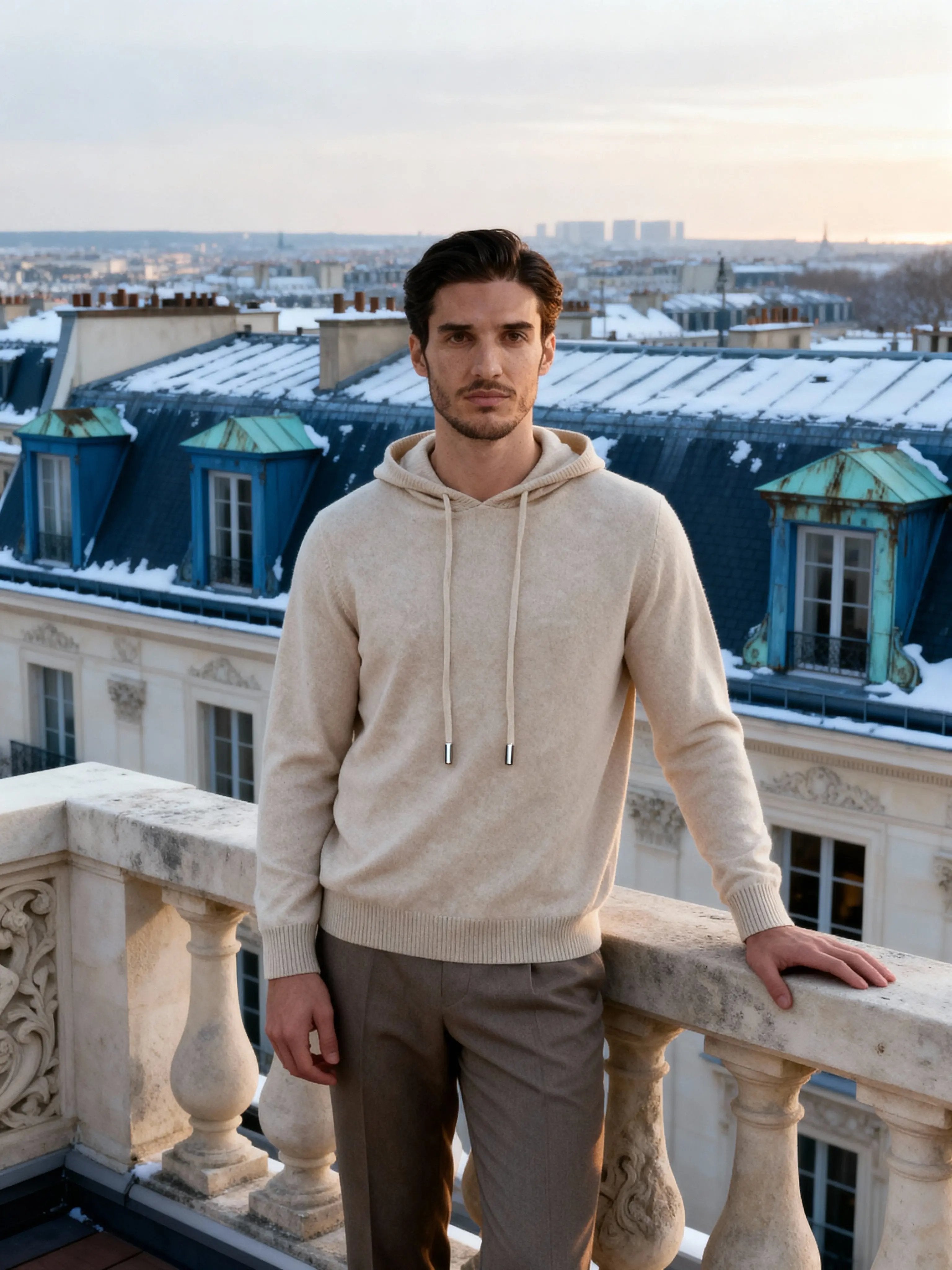 Sweat à capuche en cachemire 100% Old Money, gris foncé, doux et confortable, vue de face.