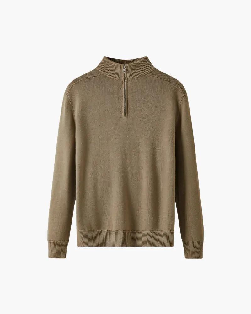 Pull zippé en laine mérinos 100% de la marque Old Money, gris, avec fermeture éclair et col montant.