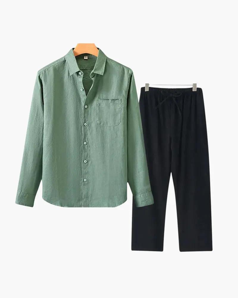 Chemise à manches longues Old Money Linen Combo en vert et beige, tissu en lin, vue de face.