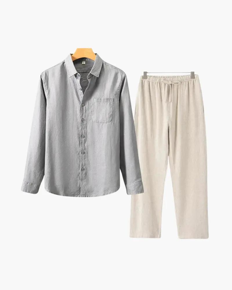 Chemise en lin Old Money Combo longue à manches longues, vert et beige, style décontracté et élégant.