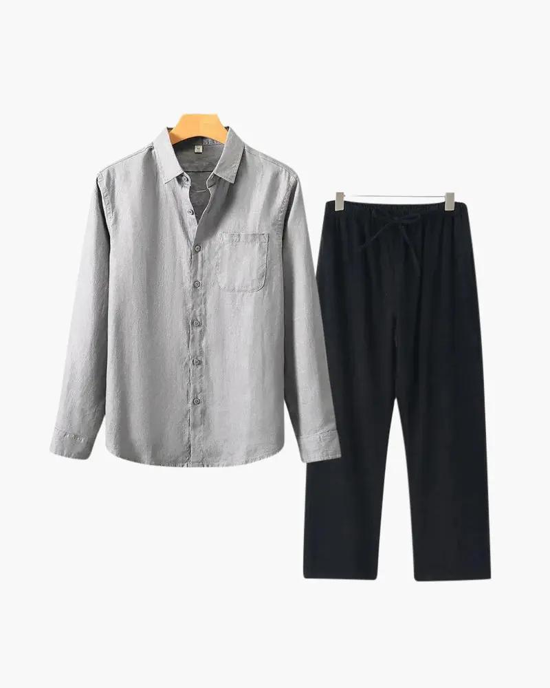 Chemise en lin Old Money Combo Longsleeve verte et beige, style décontracté et élégant pour homme.