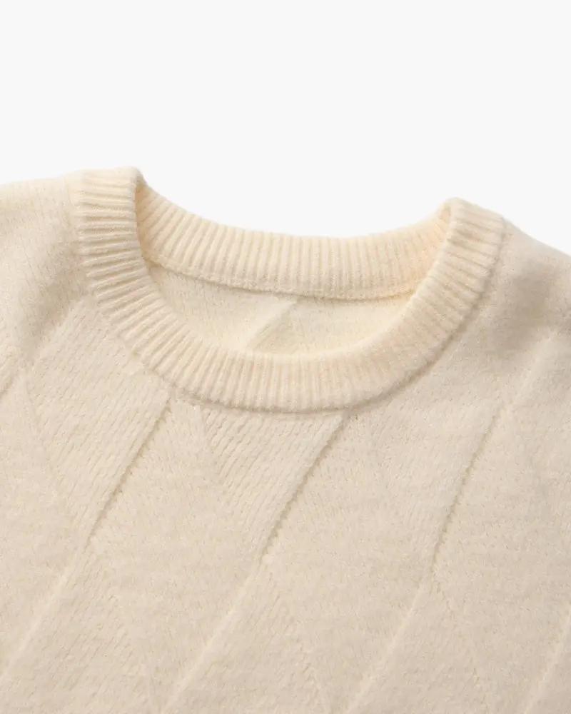 Pull en maille diamantée Old Money, col rond, couleur ivoire, taille XS, détail tricoté élégant.