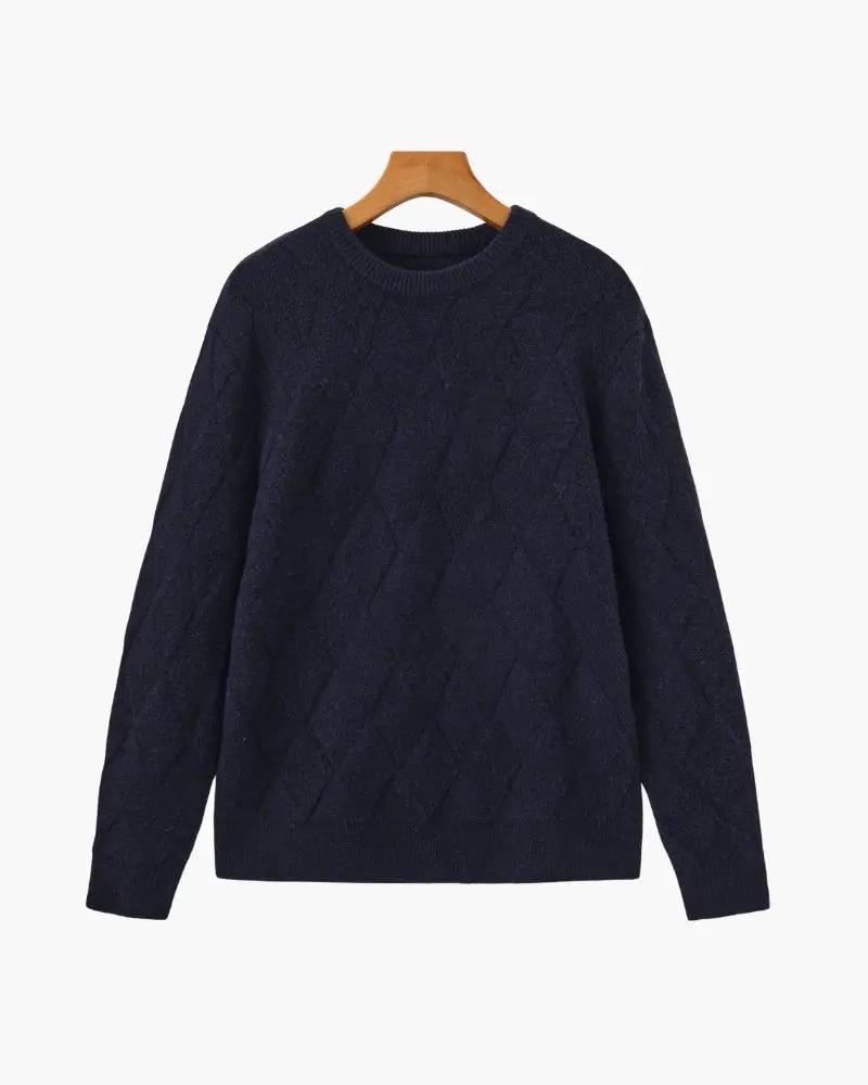 Pull-over en maille diamantée Old Money, chandail à col rond ivoire, style décontracté et élégant, vue de face.
