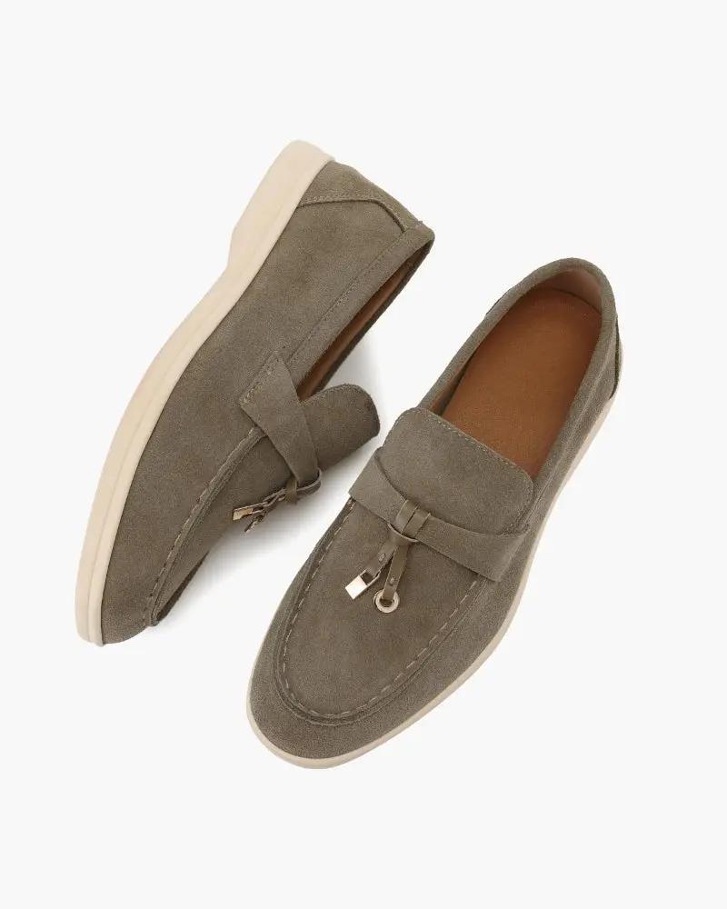 Chaussures femme Old Money en daim beige, mocassins élégants pour femmes, pointure EU 35, style classique et confortable.