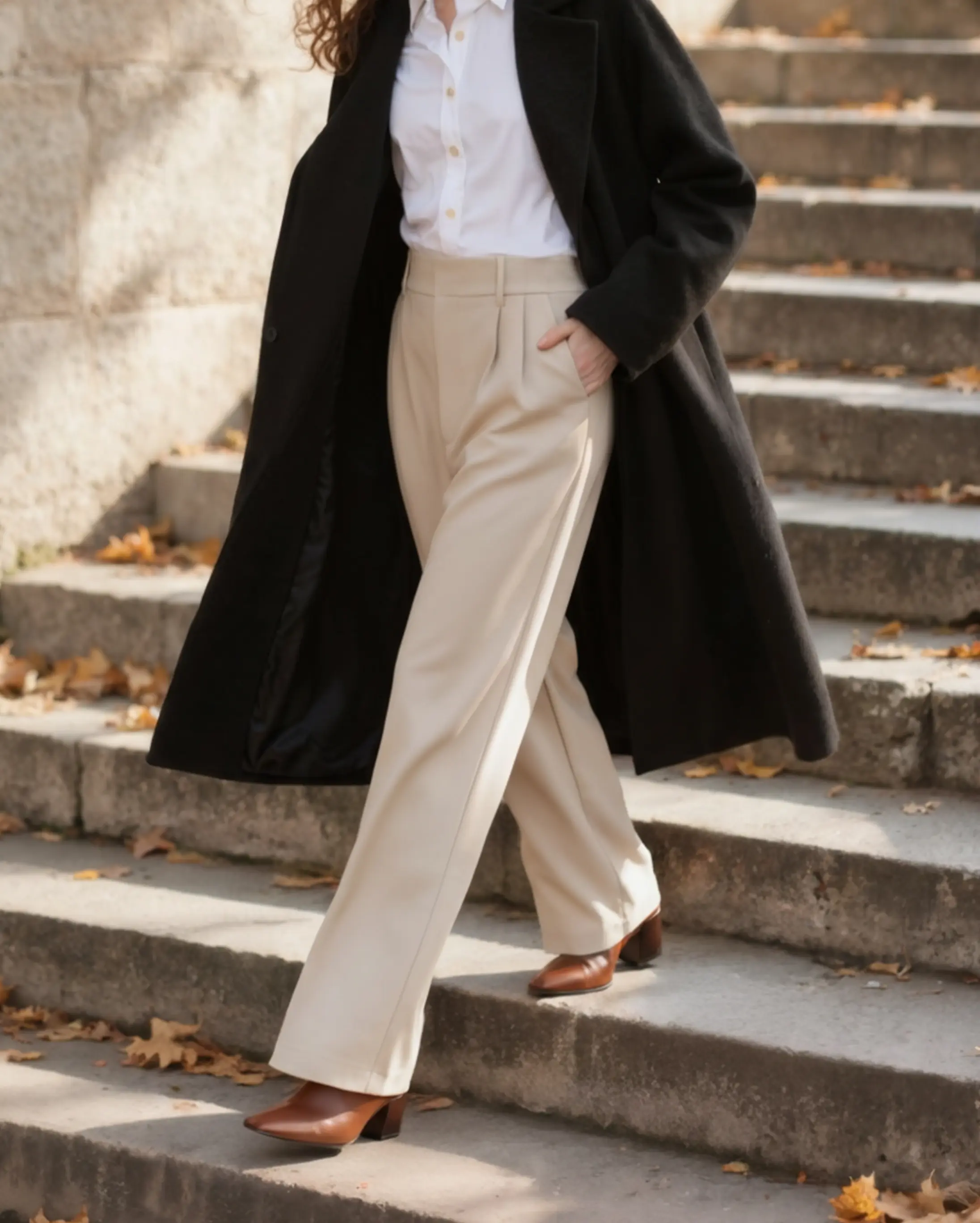 Pantalons femme beige à jambes larges Serena de la marque Old Money Women, vue en détail.