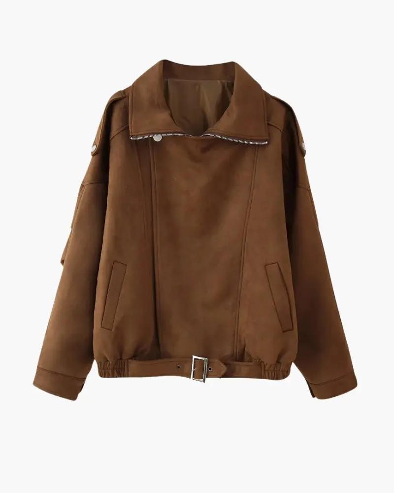 Veste en daim vintage Old Money Women de couleur marron avec drapé, mode élégante et classique pour femmes.