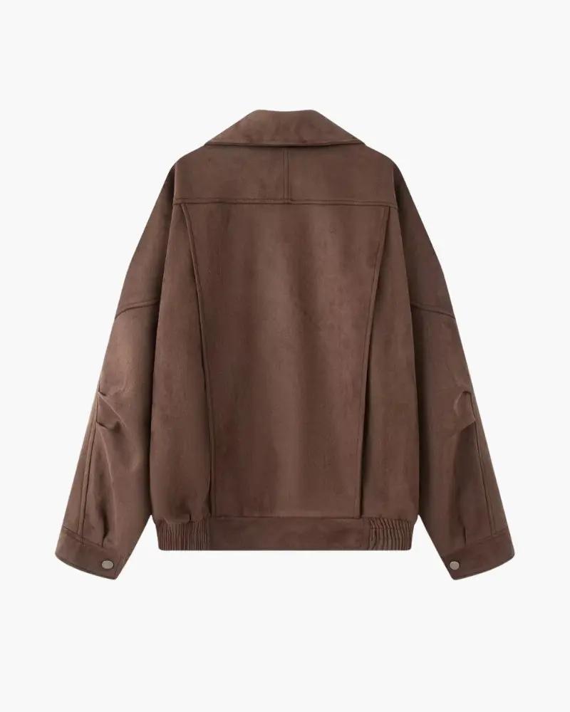 Veste en daim vintage Old Money Women, coupe drapée marron, style élégant et classique pour femmes.