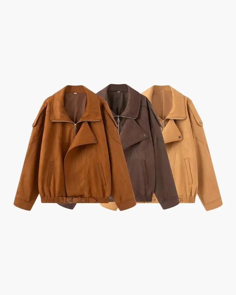 Veste en daim vintage Old Money Women, coupe drapée, couleur marron, style élégant et classique pour femme.