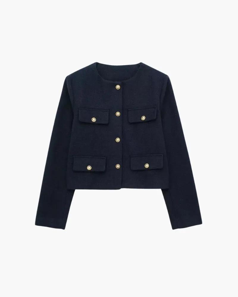 Veste blazer courte Savile de Old Money Women en marron, vue de face, avec col élégamment coupé et détails modernes.