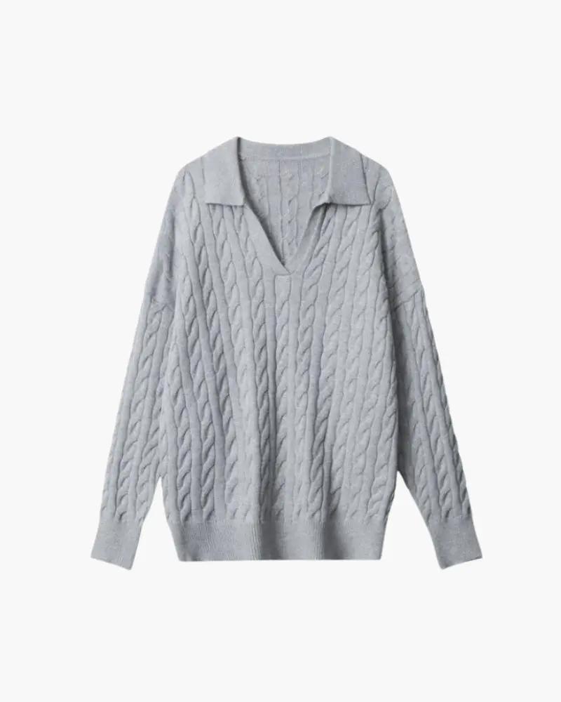 Pull à col en V en laine premium pour femmes Old Money, sweater gris tricoté chaud et élégant.