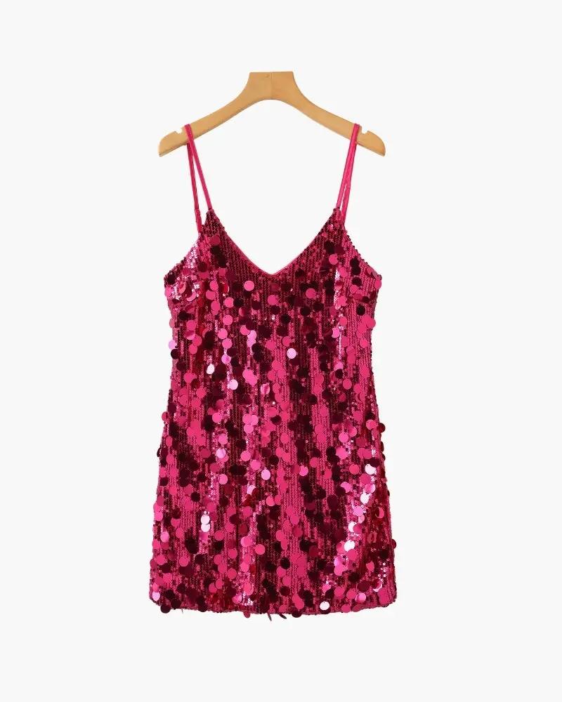 Robe courte de fête en sequins rose doré pour femmes, style élégant et scintillant, de la marque Old Money Women.