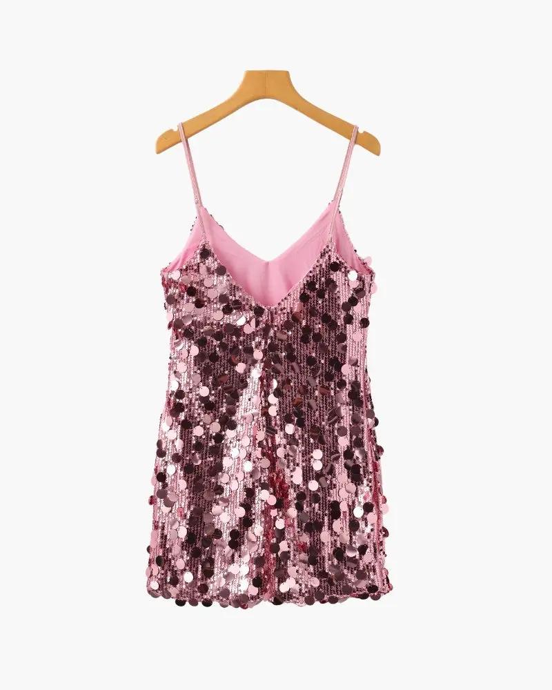 Robe courte à sequins rose gold Old Money Women pour fête, avec décolleté en V et manches longues.