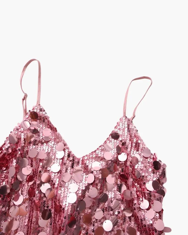 Robe courte de fête en sequins rose gold pour femmes, style mini avec finition brillante, de la marque Old Money Women.