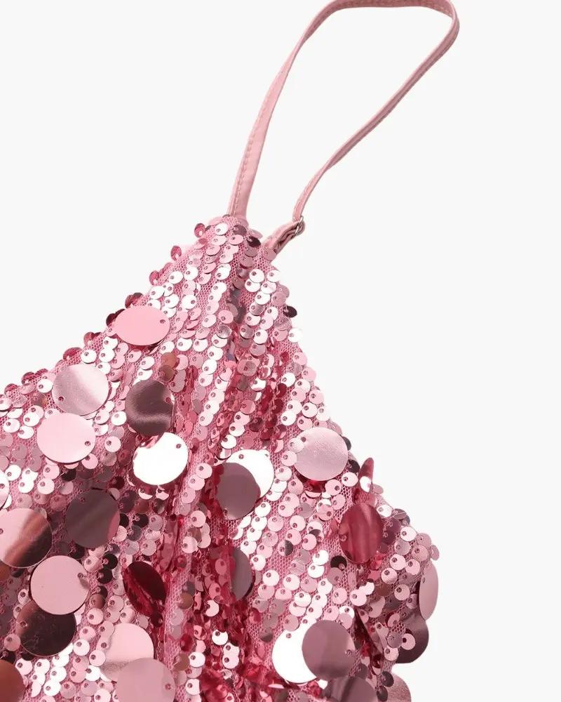 Robe courte à sequins rose gold Old Money Women pour soirée, avec décolleté en V et finition brillante pour fête.