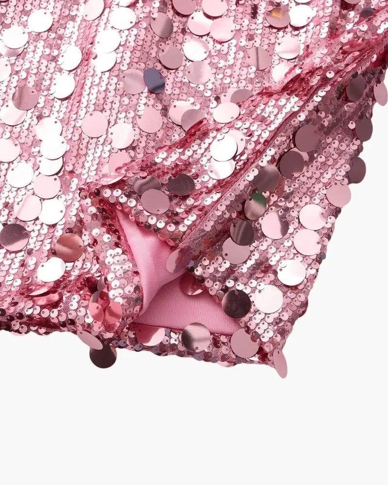 Robe mini de fête en sequins rose doré pour femme de la marque Old Money Women, vue de face, scintillante et élégante.
