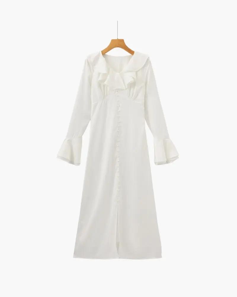 Robe midi à volants avec boutons en perles, style élégant pour femmes de la marque Old Money Women.