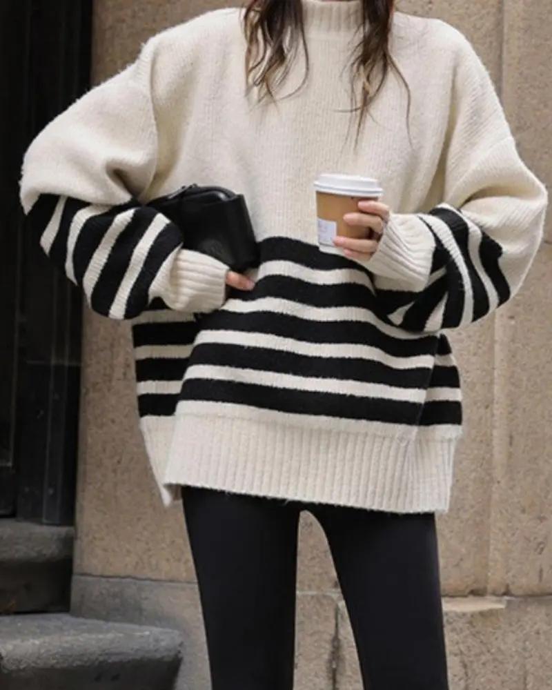 Pull-over pour femmes Old Money avec rayures côtières blanches, taille unique, en laine douce et confortable.
