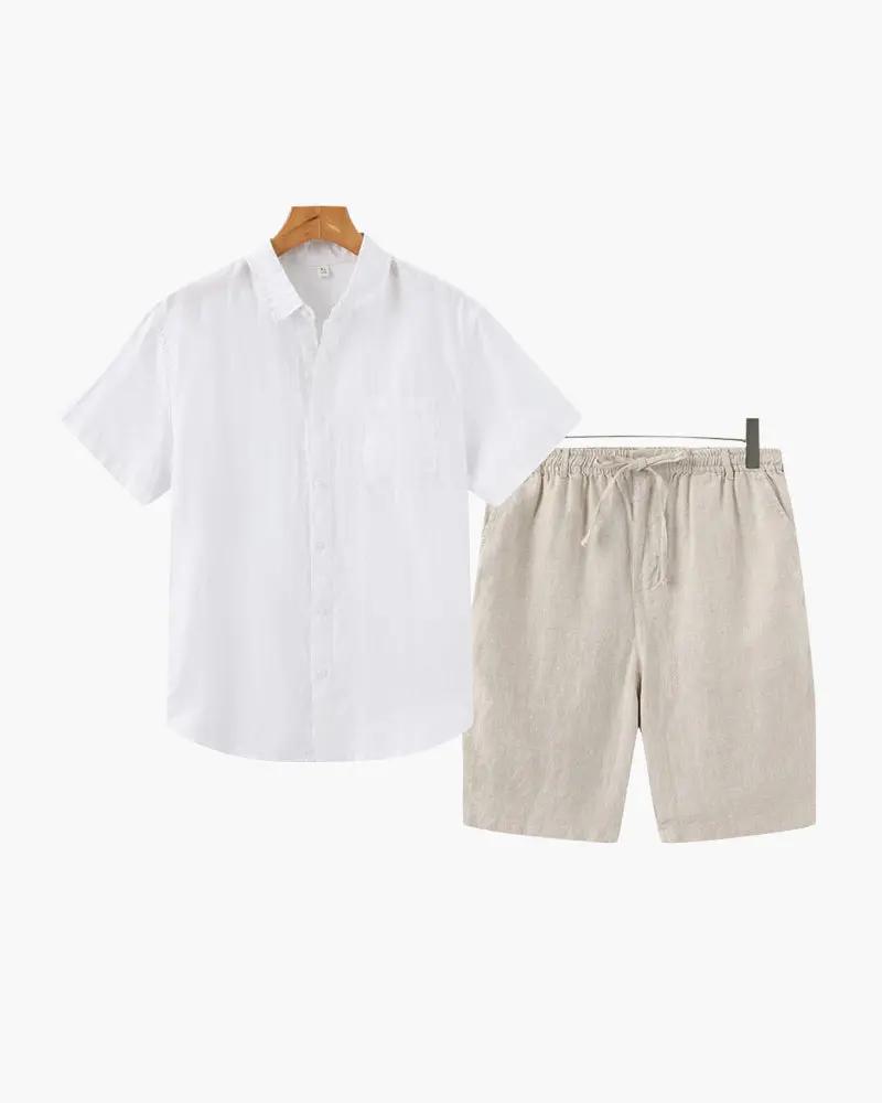 Shorts en lin beige Old Money WorldWide, style décontracté et élégant, tissu léger, porté en mode casual.