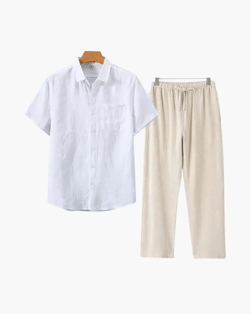 Homme portant un t-shirt en lin beige Old Money Worldwide, style décontracté, vue en gros plan.