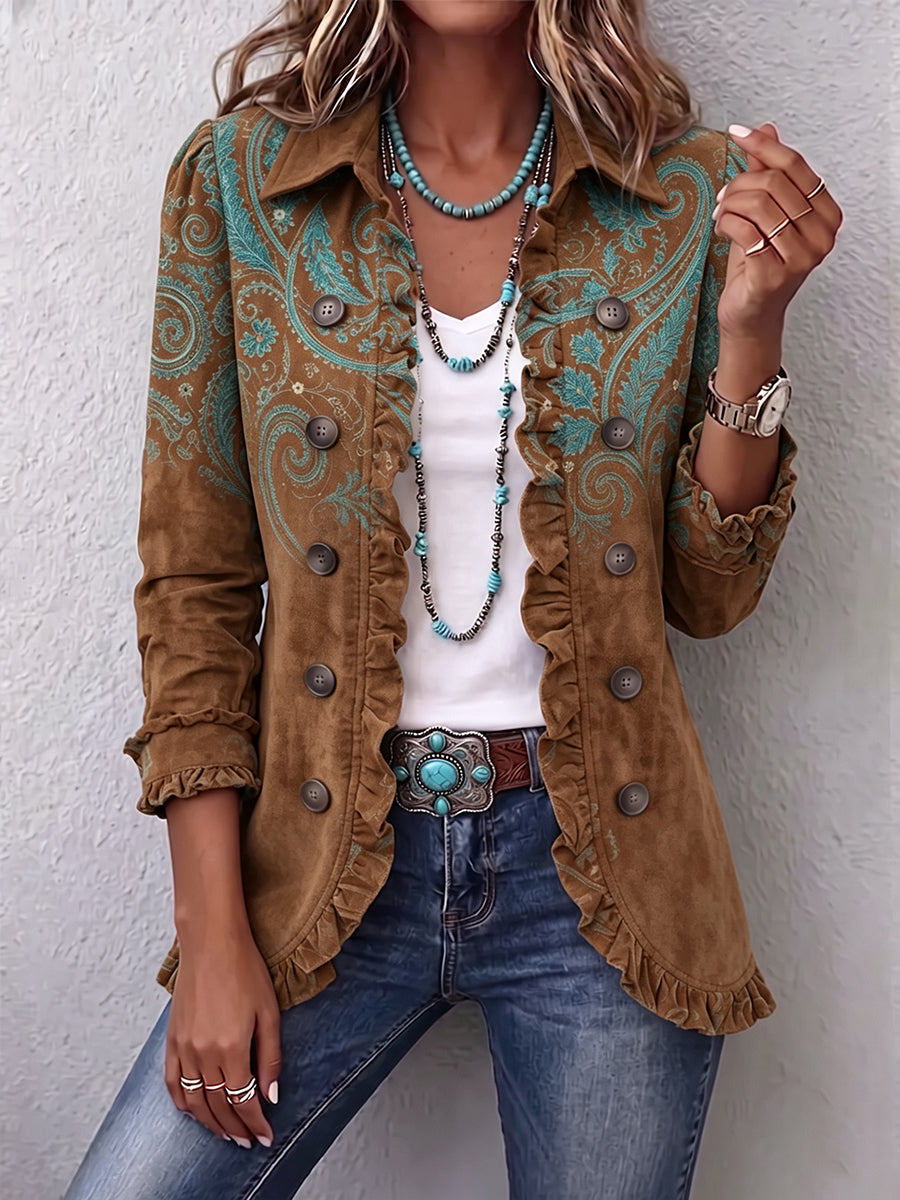Veste à volants imprimée Paisley Goldenridge™ de Danoir Paris, motif coloré avec détails de volants élégants.