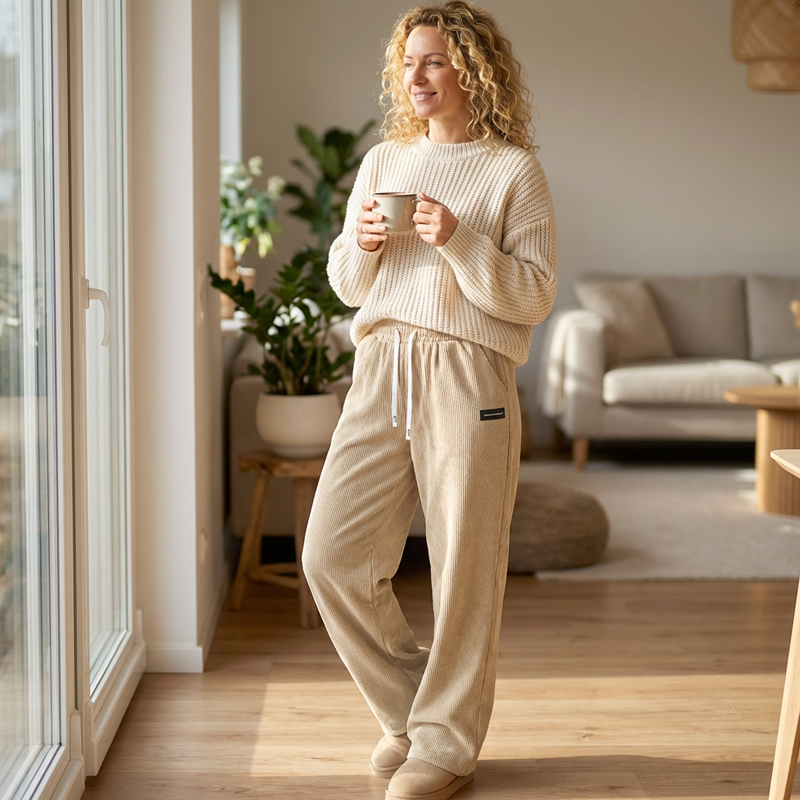 Pantalon large confortable Danoir Paris pour femmes, tissu léger et coupe décontractée, porté avec une blouse blanche.
