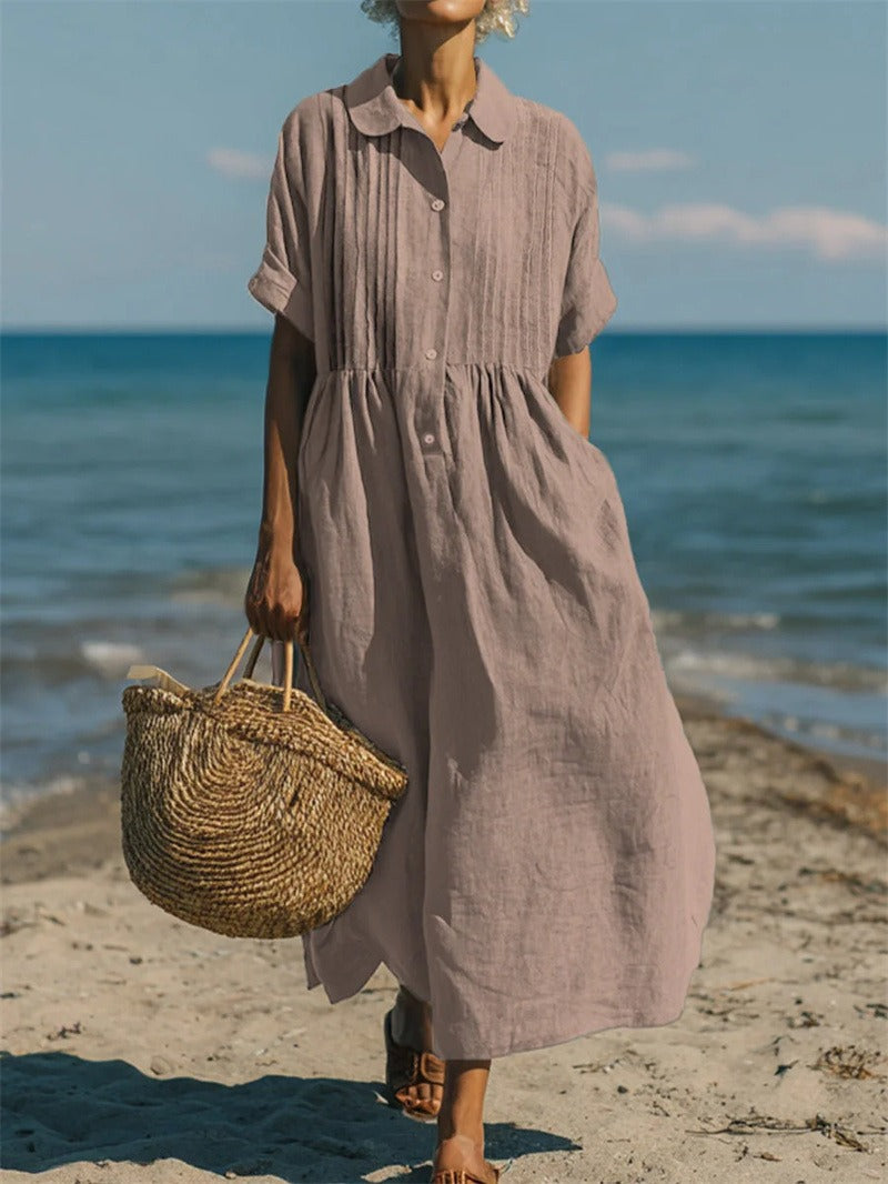 Robe en lin blanc élégante pour femmes de la marque Van Rozen Utrecht, tenue sophistiquée et confortable pour femmes.