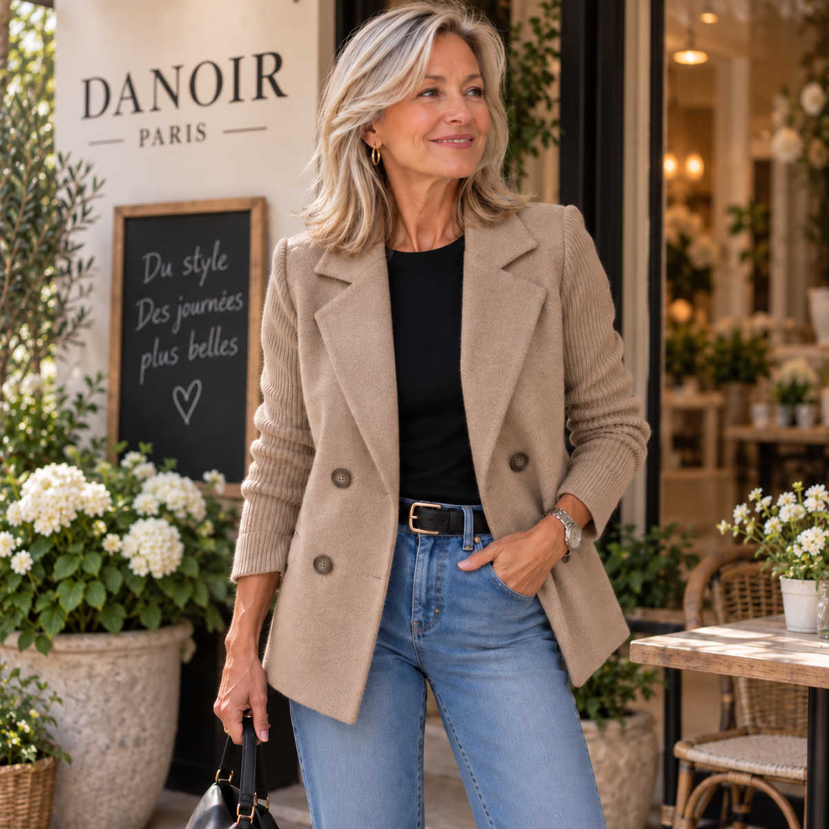 Veste blazer casual Danoir Paris, coupe ajustée, en tissu noir avec col et boutons élégants, vue de face.