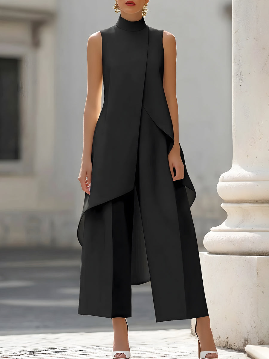 Ensemble femme Catalina de Danoir Paris avec haut col haut et pantalons palazzo, style élégant et moderne.