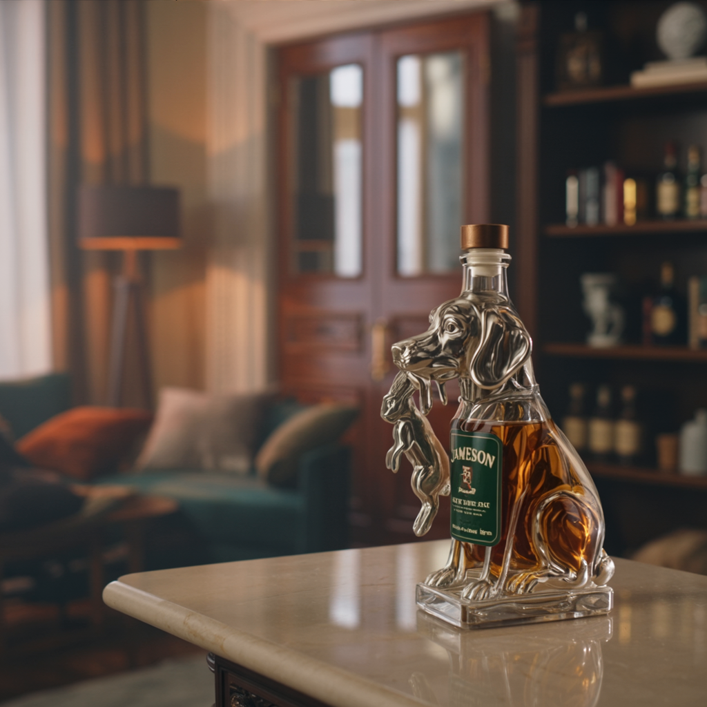 Flasque à whisky Danoir Paris en forme de chien, contenant une bouteille de whisky dans une pose artistique.