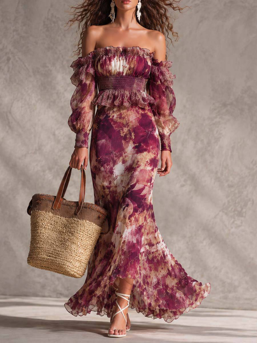 Robe longue en chiffon rose à fleurs et épaules dénudées, style floral, de la marque Danoir Paris.