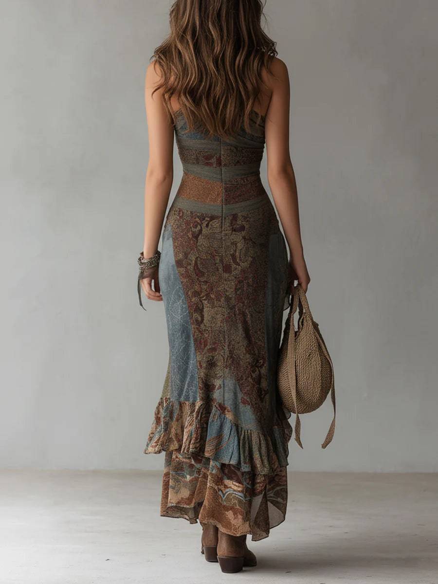 Robe longue à imprimé ethnique, une-épaule, fente haute, marque Danoir Paris, style floral, vue de face.