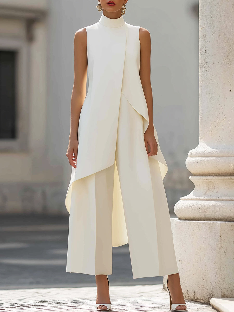 Ensemble Danoir Paris Catalina pour femme, haut col haut et pantalons palazzo en tissu léger et élégant.
