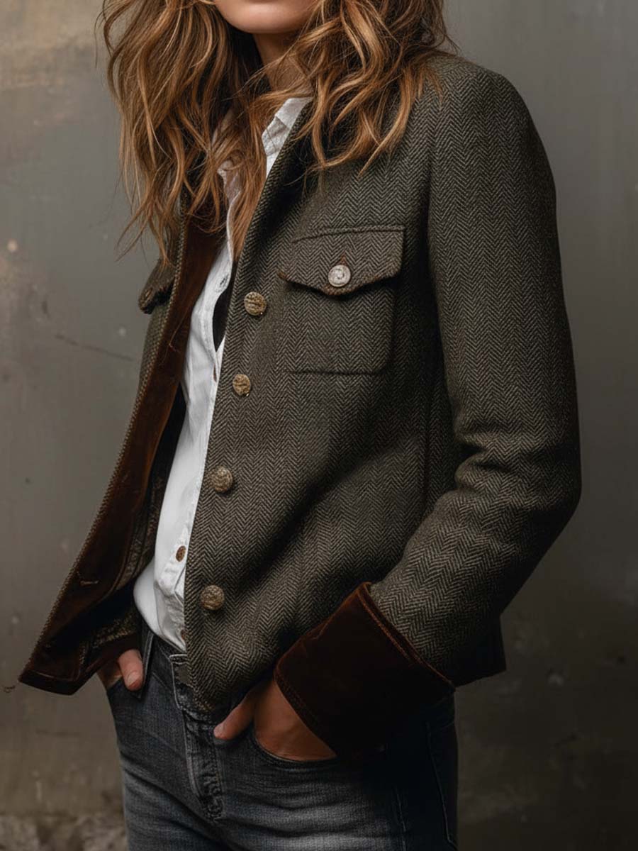 Veste blazer vintage Honorine Danoir Paris avec motifs chevrons et liserés contrastants, élégante et tendance.