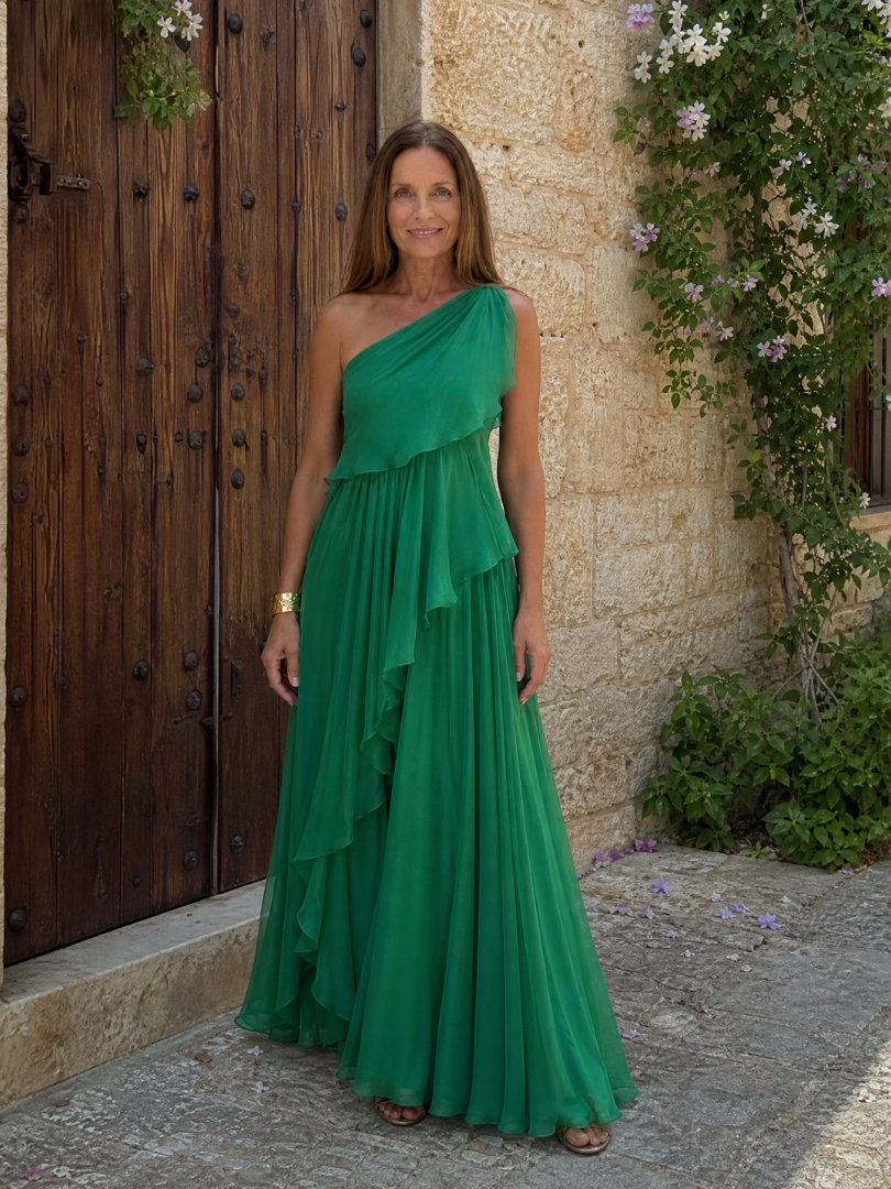 Robe maxi verte Danoir Paris à épaule unique avec volants en cascade, fluide et élégante, portée sur un fond neutre.