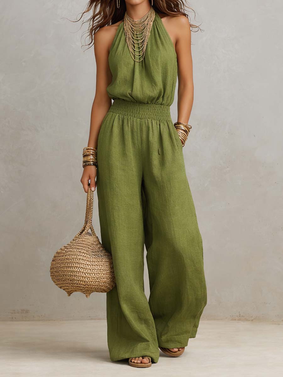Combinaison pantalon large à col halter Danoir Paris, modèle Valeria, vue de face, en tissu fluide et élégant.