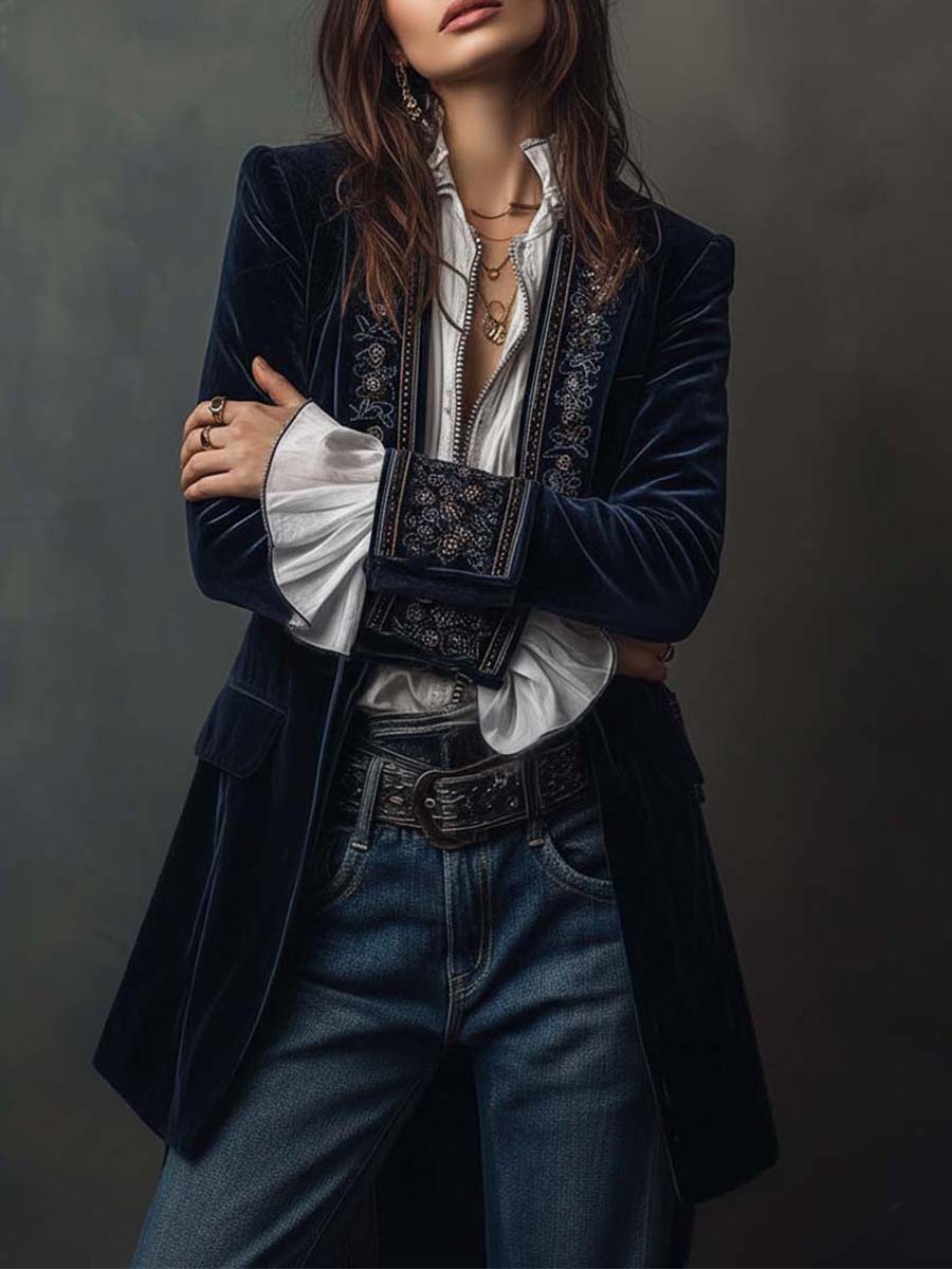 Veste blazer longue Danoir Paris Athénaïs brodée vintage bleu marine, détail des broderies élégantes sur le devant.