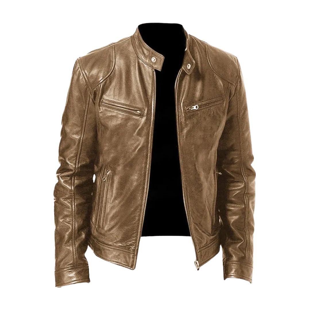 Veste en cuir décontractée Laluna® par Danoir Paris, coupe casual, portée sur un mannequin, couleur marron foncé.