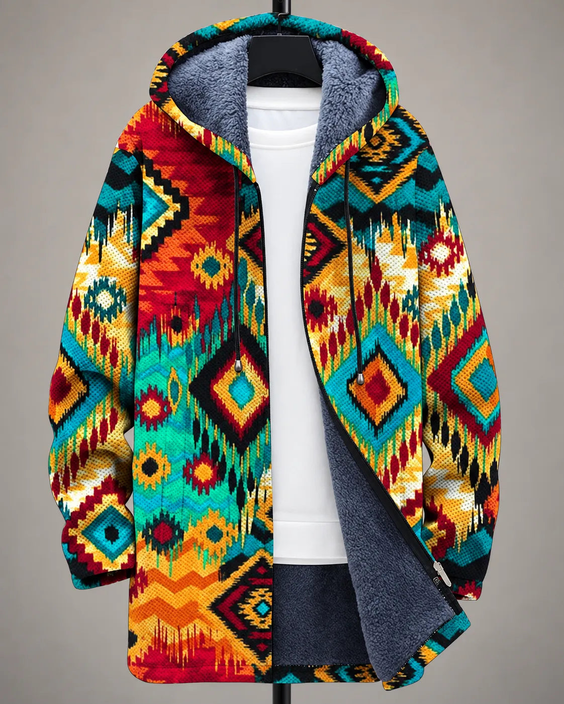 Veste à capuche Paloma en mosaïque colorée de Danoir Paris, vue de face, avec motifs vibrants et détails de la capuche.