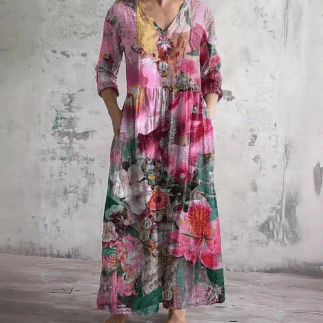 Robe d'été florale Lynn™ de Danoir Paris, robe légère à fleurs pour l'été, vue de face sur mannequin.
