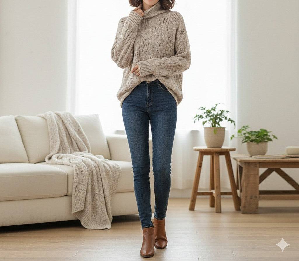 Pull col roulé doux Karin de Danoir Paris porté par un mannequin, en laine beige, style élégant et confortable.