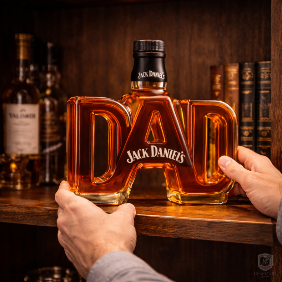 Décanteur à whisky Danoir Paris, édition spéciale pour père, en verre élégant avec bouchon en bois naturel.