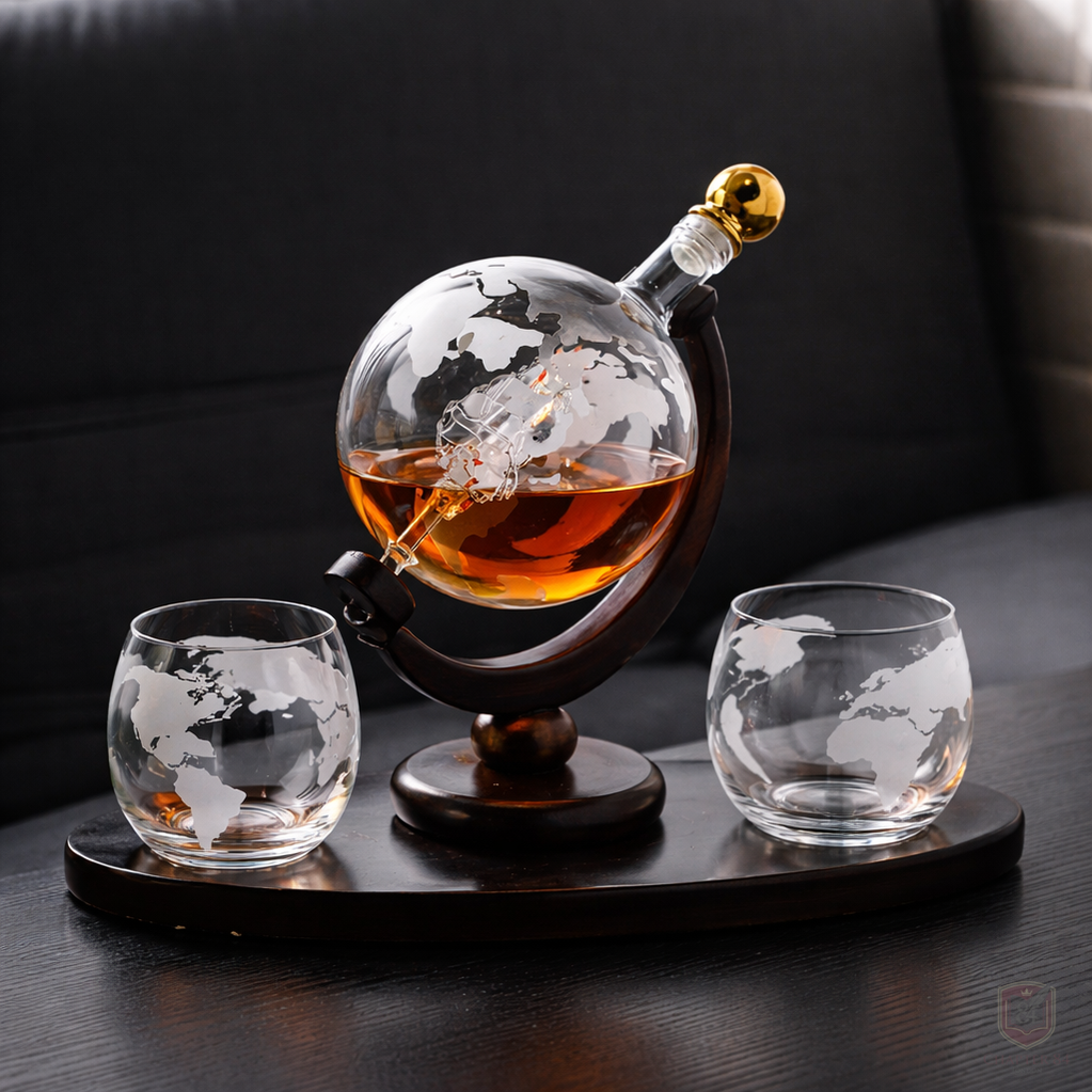 Décanteur à whisky Danoir Paris édition carte du monde en verre élégant avec motif de planisphère.