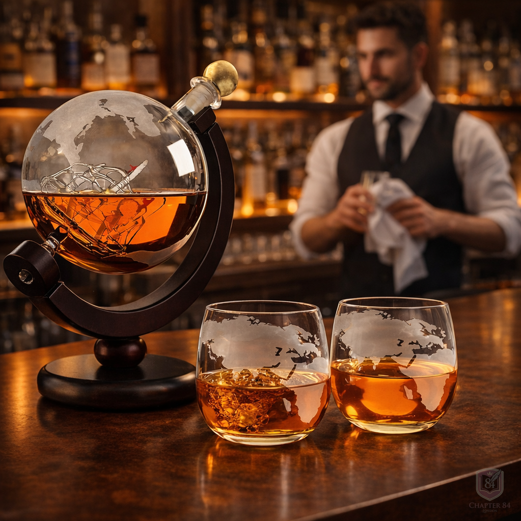 Décanteur à whisky Danoir Paris édition carte du monde en verre avec motif de carte géographique.