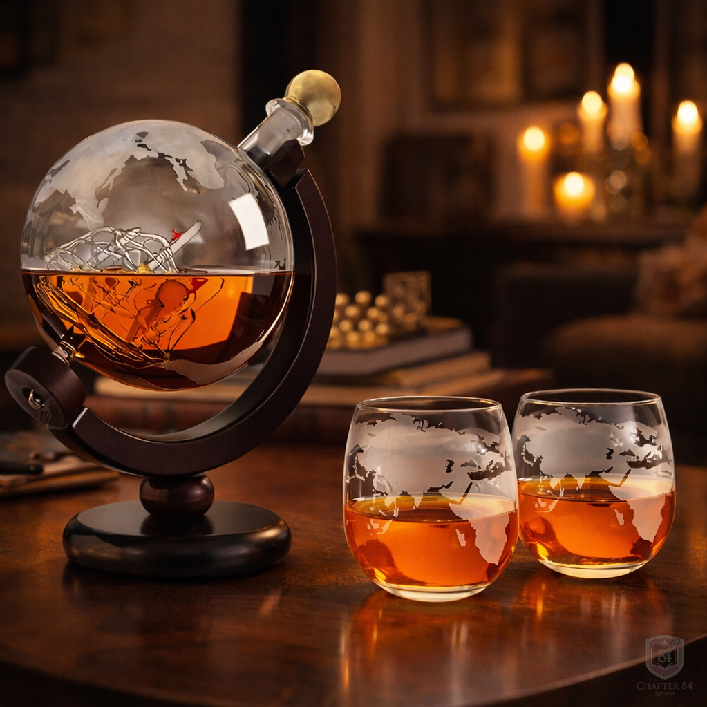 Décanteur à whisky édition Carte du Monde de Danoir Paris en verre avec design de carte géographique visible.