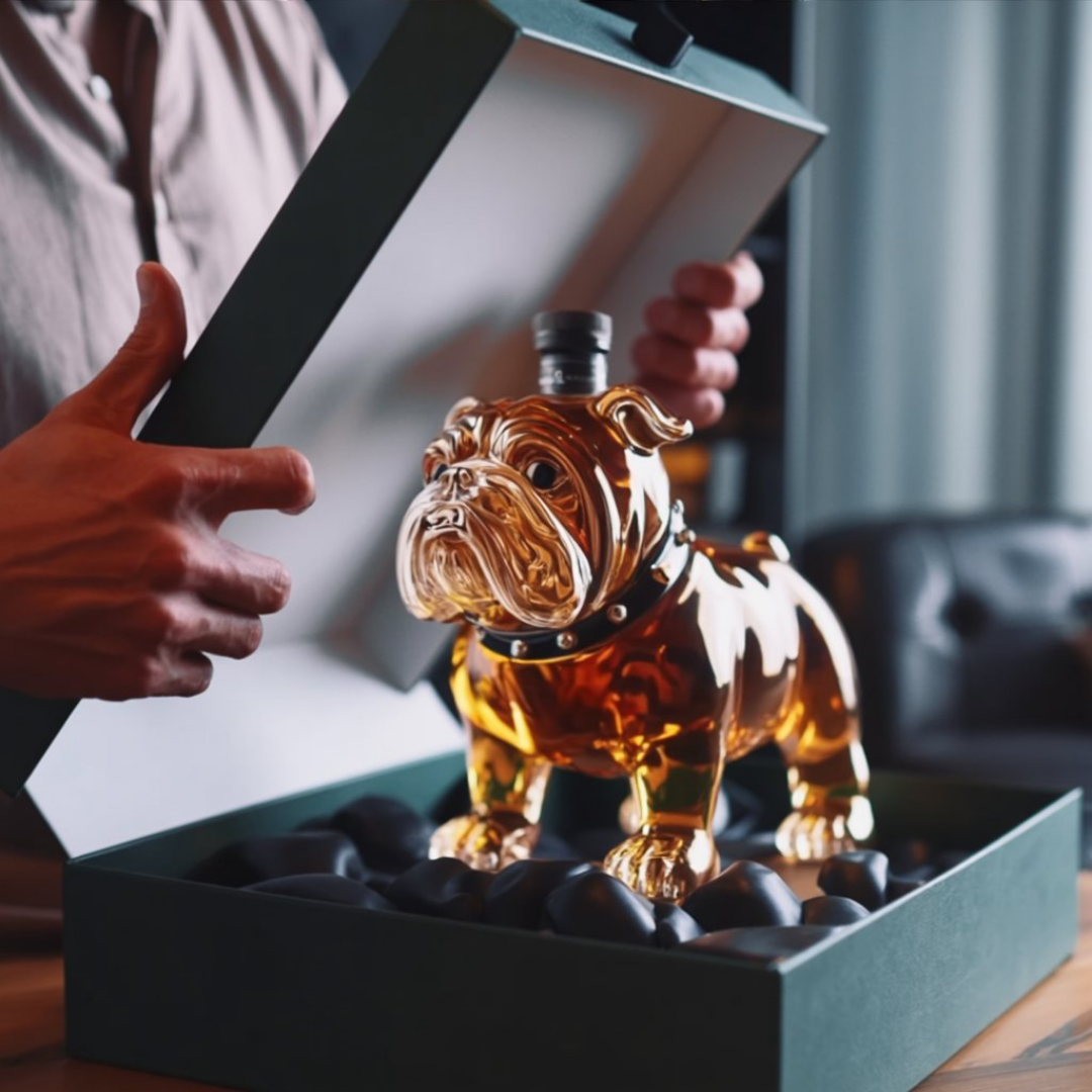 Flasque à whisky Danoir Paris Bulldog, bouteille en acier inoxydable avec motif de bouledogue, idéale pour emporter votre whisky.