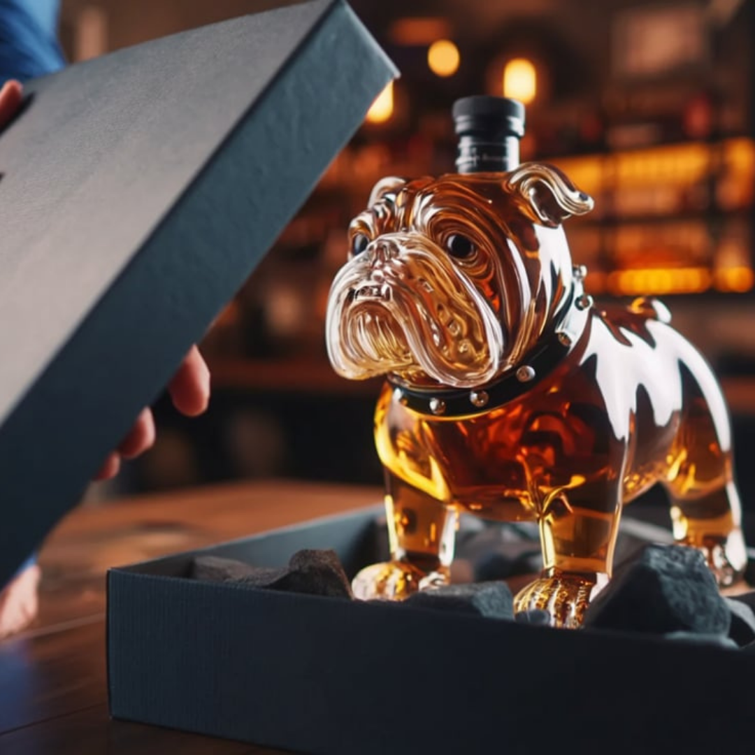 Flasque à whisky Danoir Paris Bulldog, bouteille en acier inoxydable avec design de bulldog, idéale pour emporter du whisky.