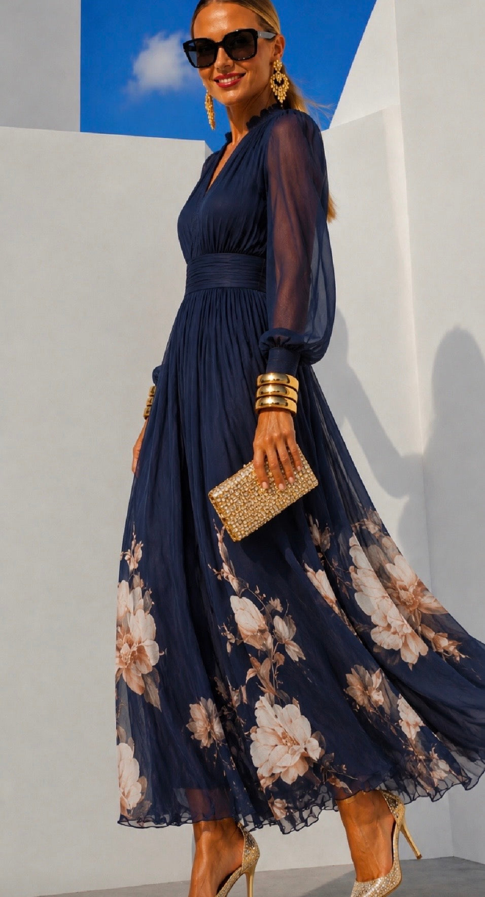 Robe Nadia en chiffon imprimé avec trois motifs, taille 34-48, de la marque Danoir Paris, vue de face avec détails du tissu.