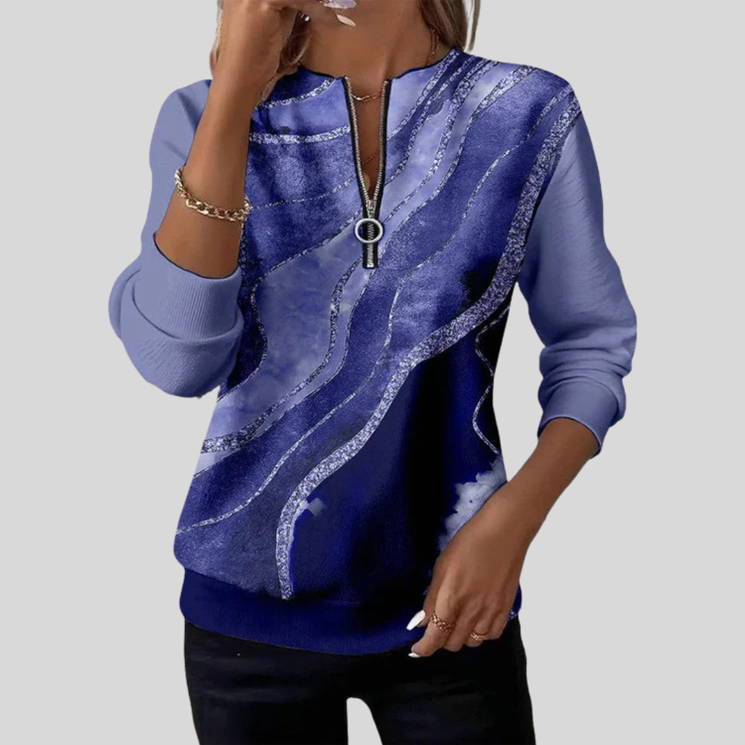 Sweat-shirt à col zippé artistique Danoir Paris Verona, en coton avec motif coloré sur fond gris clair, porté par un mannequin.