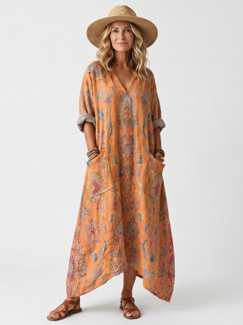 Robe midi oversize imprimée Remi de Danoir Paris avec col notch et poches, portée décontractée, tissu léger et fluide.