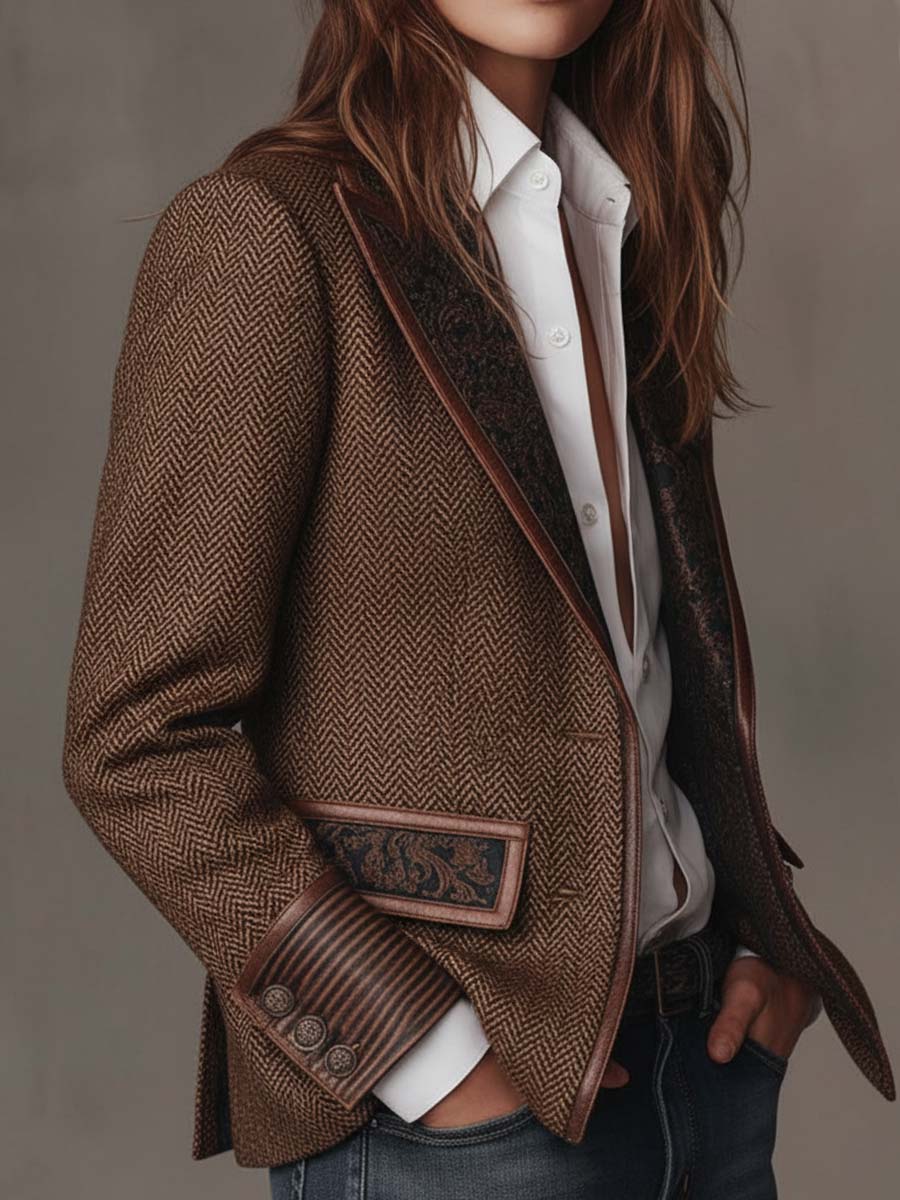 Veste blazer à manches longues Danoir Paris avec empiècements imprimés chevrons, coupe élégante et moderne.